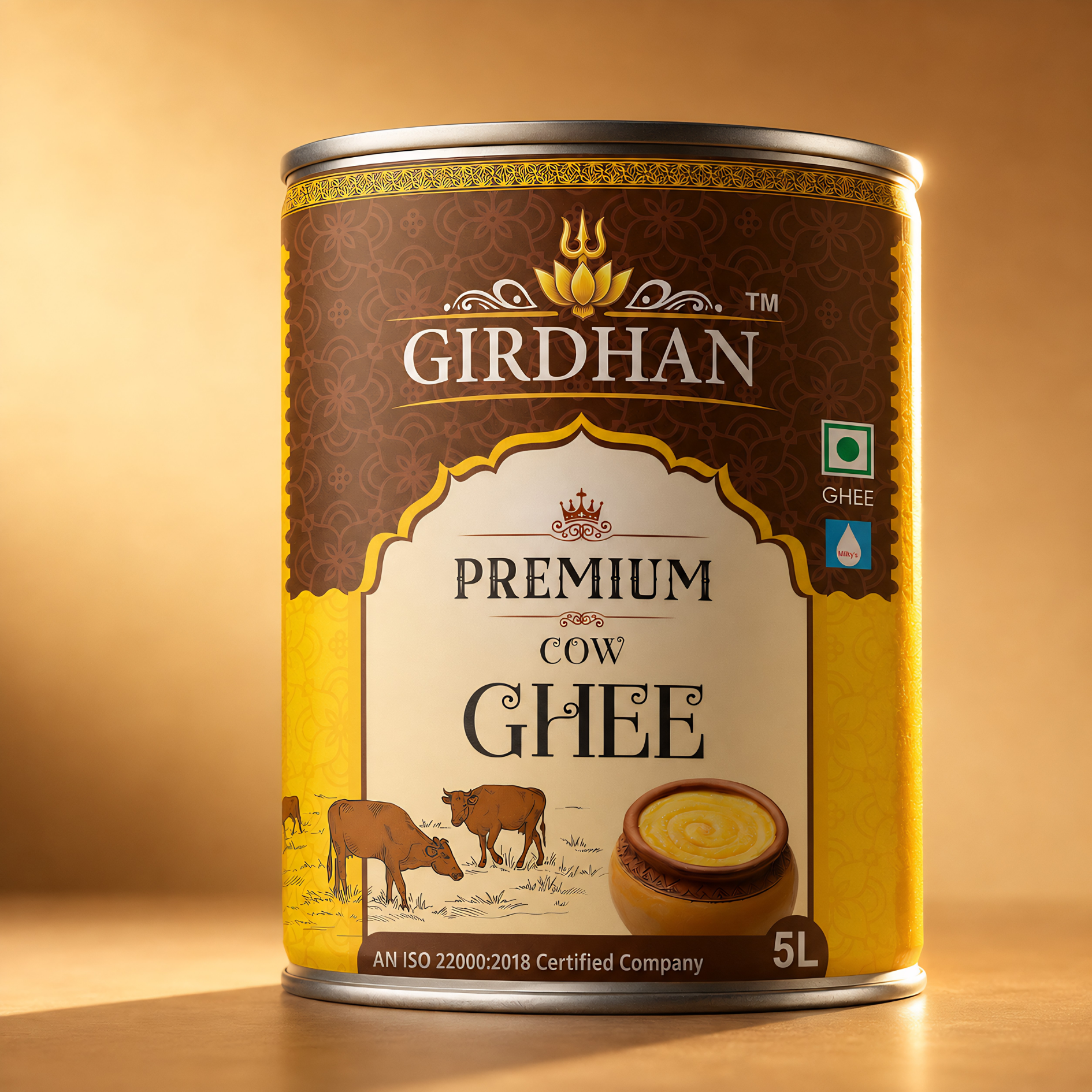 Girdhan Premium Cow Ghee 5 litre round tin — hero product image