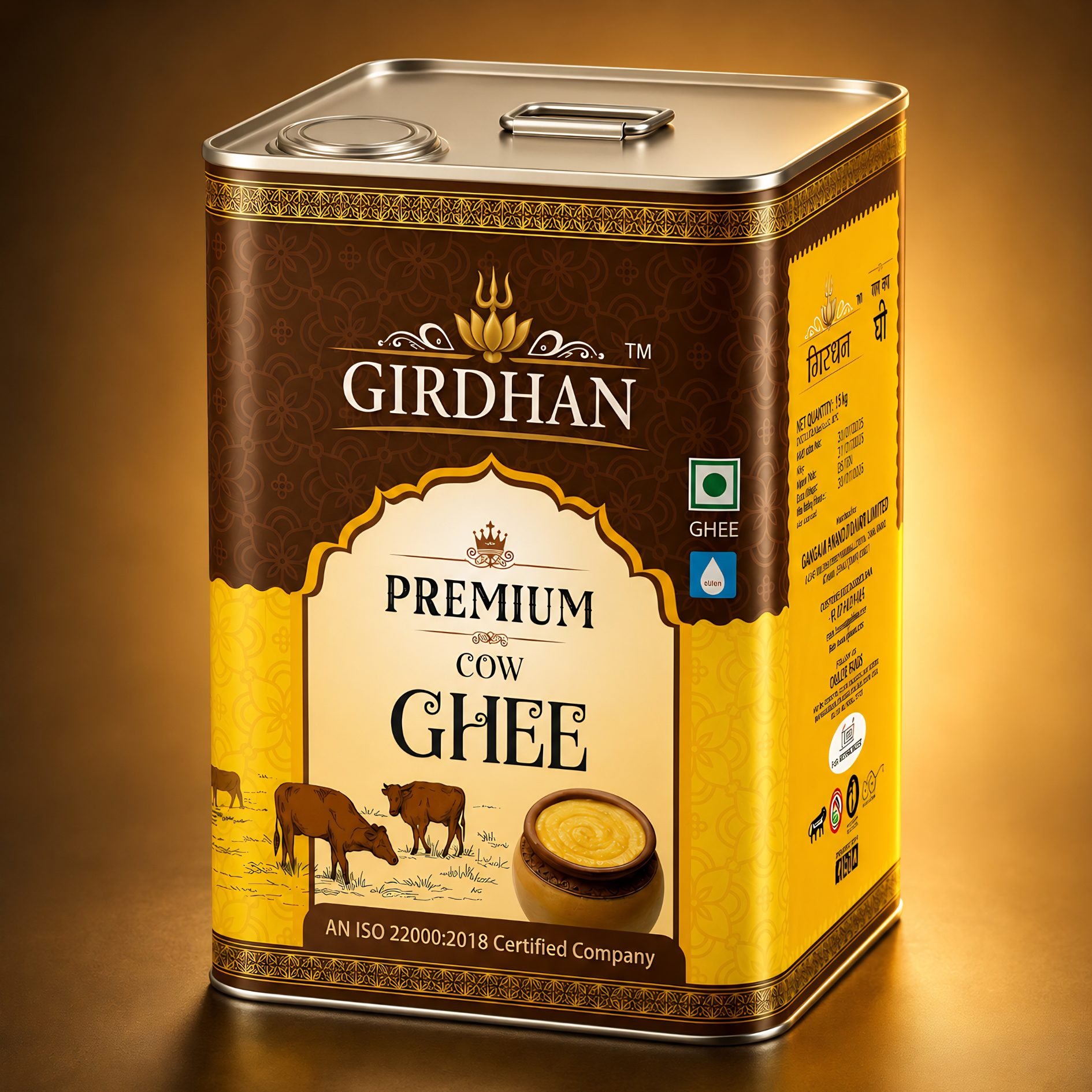 Girdhan Cow Ghee 15kg square tin — premium cow ghee bulk pack