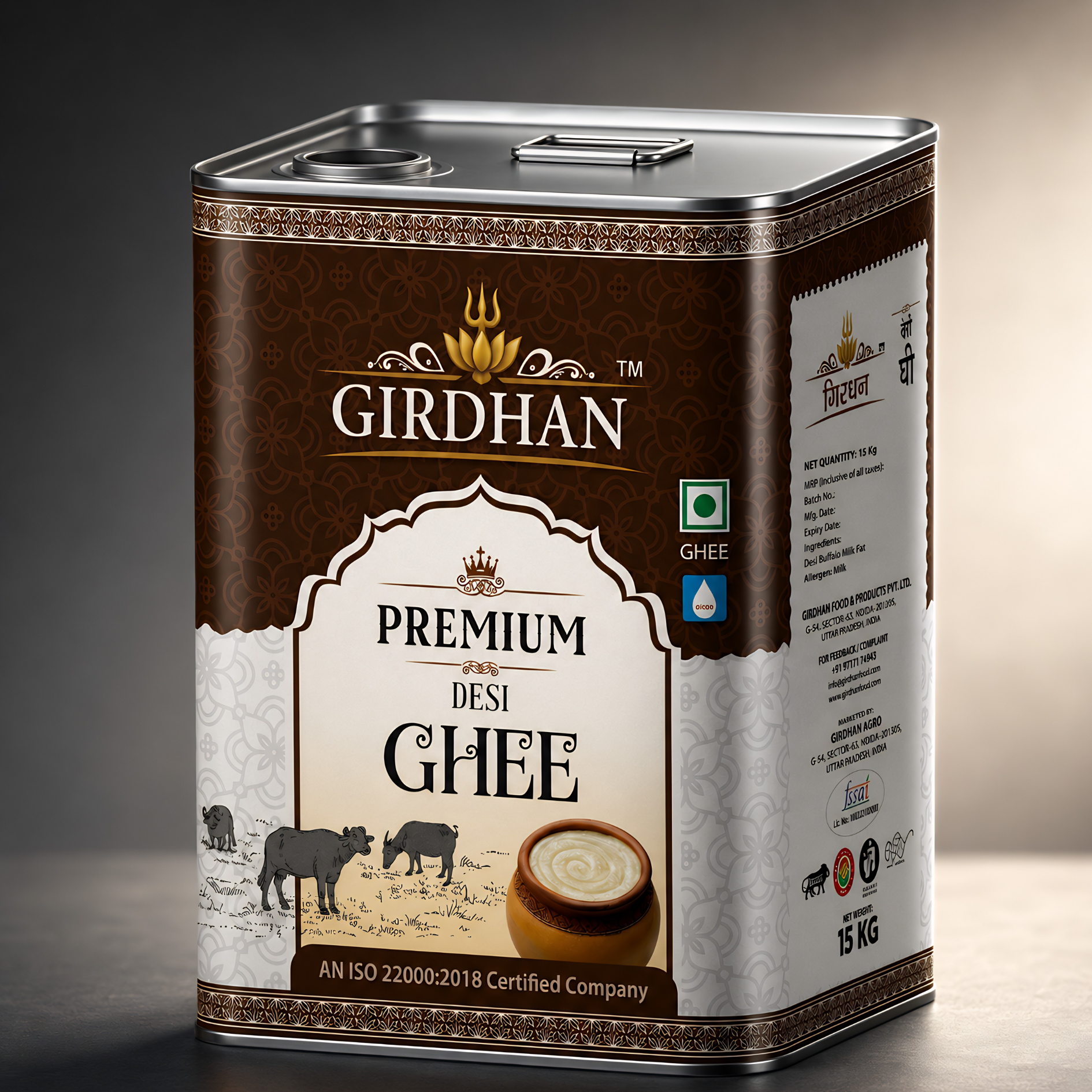 Girdhan Premium Desi Ghee 15kg Square Tin — hero product image
